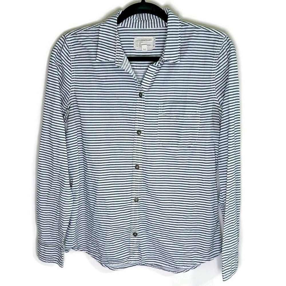 Current Elliott Womens Striped Button Down Shirt Navy Blue White Long Sleeve 2